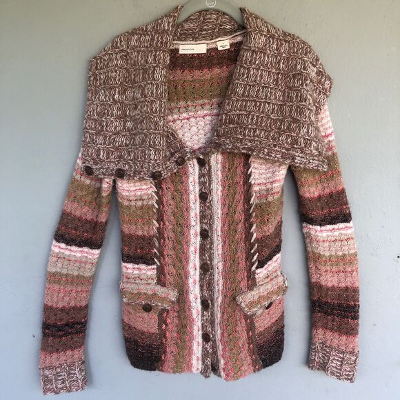 Anthropologie Sleeping On Snow Ouray Cardigan L Striped Wool Blend CowlNeck Cozy - Picture 1 of 15